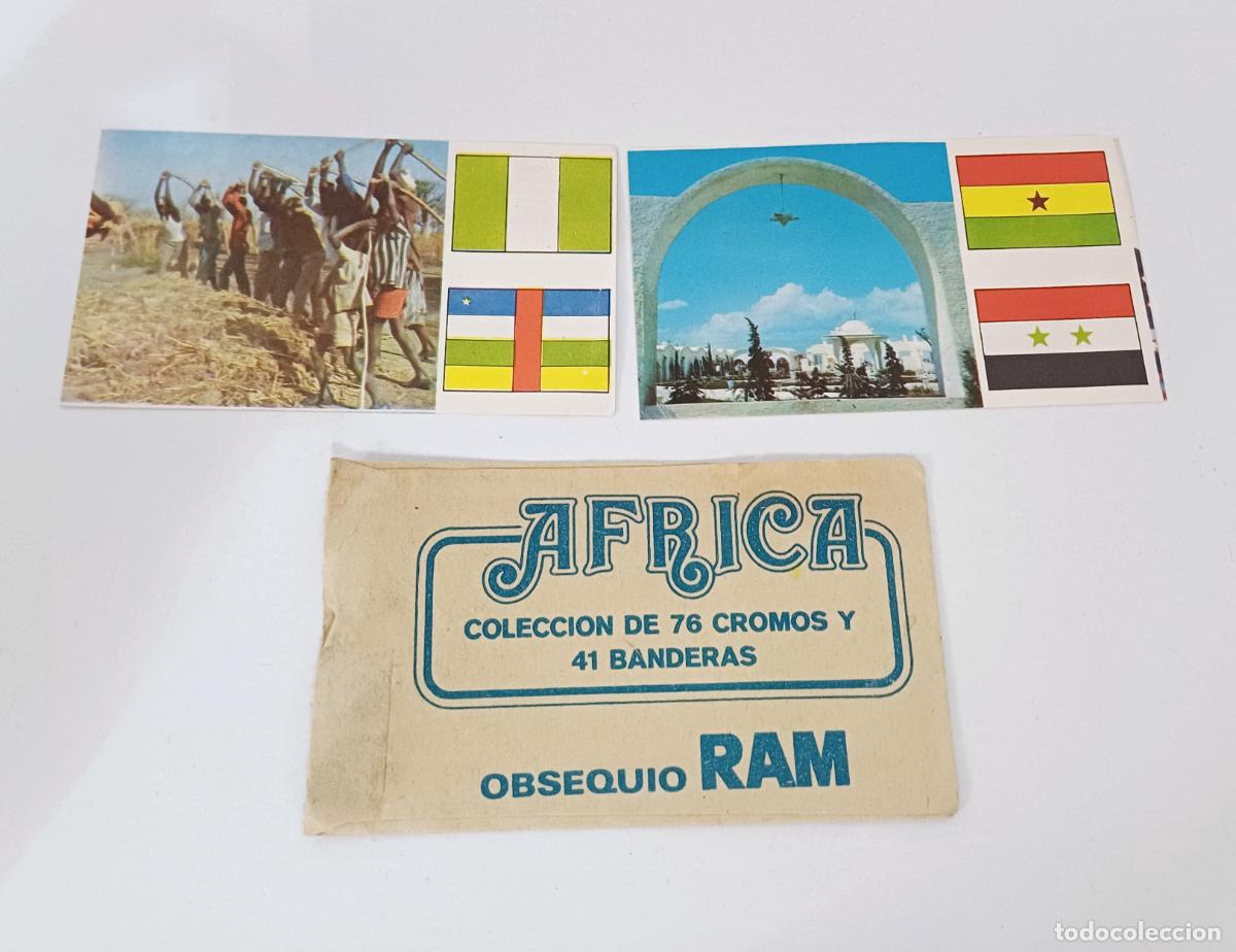 Coleccionismo Cromos antiguos: ANTIGUO SOBRE DE CROMOS &Aacute;FRICA EL MUNDO BANDERAS A TRAV&Eacute;S DE SUS CONTINENTES OBSEQUIO LECHE RAM.