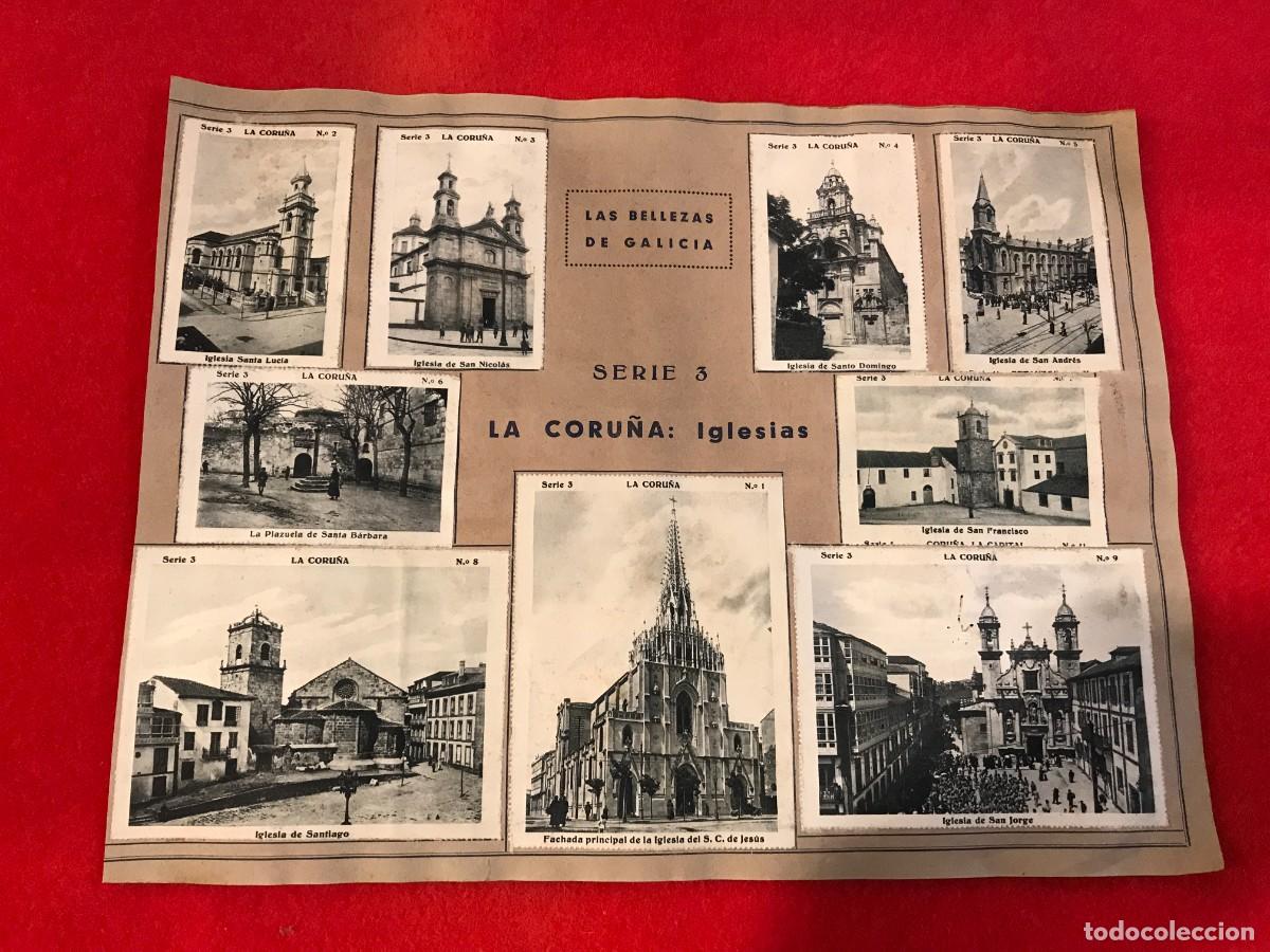 Coleccionismo cromos antiguos: P&Aacute;GINA DE CROMOS DE LAS BELLEZAS DE GALICIA. CORU&Ntilde;A: IGLESIAS. EL ORZ&Aacute;N (16 CROMOS)