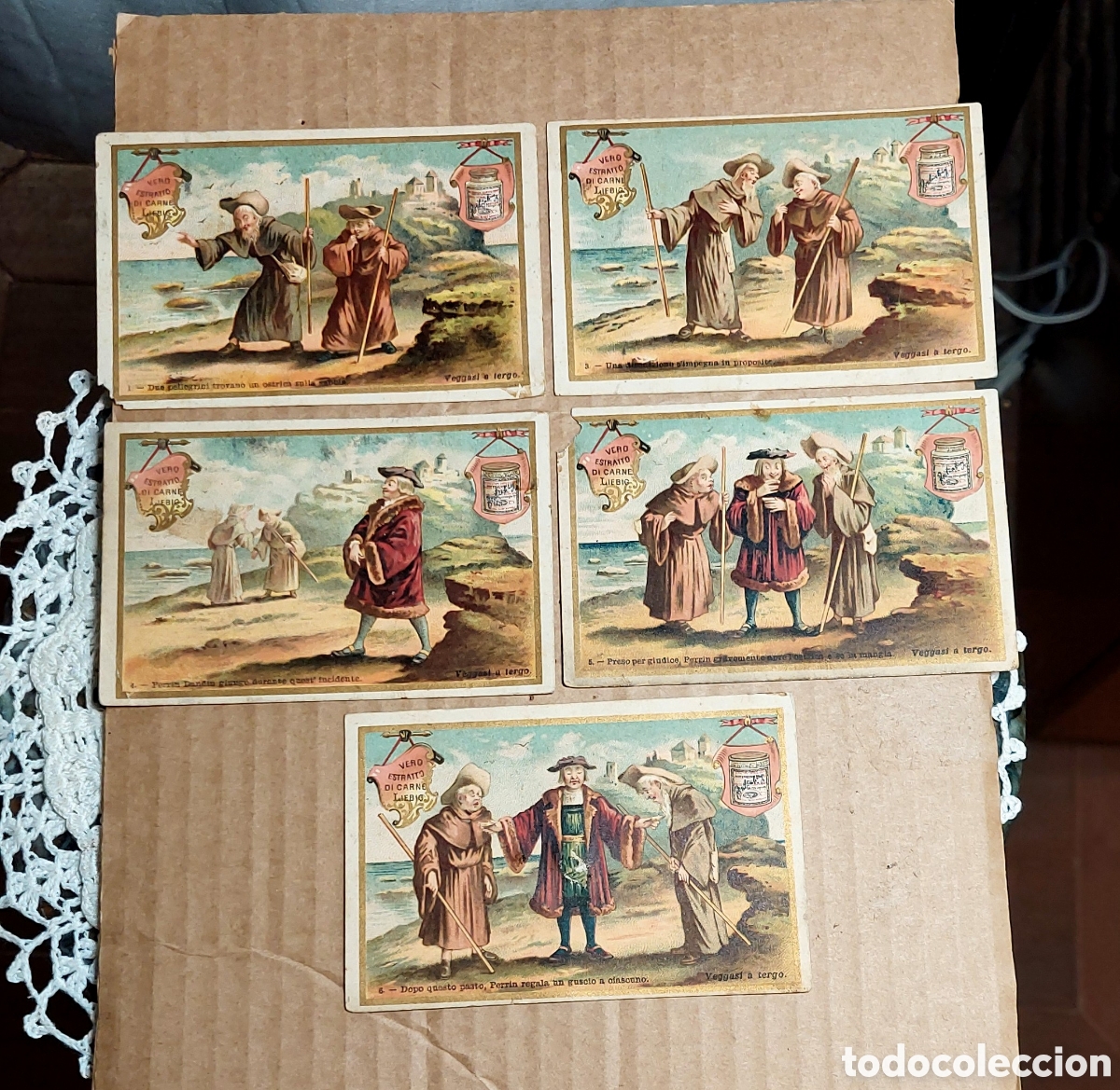 Colecionismo Cromos antigos: 1887 - 5 cromos LIEBIG (muy antiguos) - tema Peregrinos - vero estratto di Carne Liebig