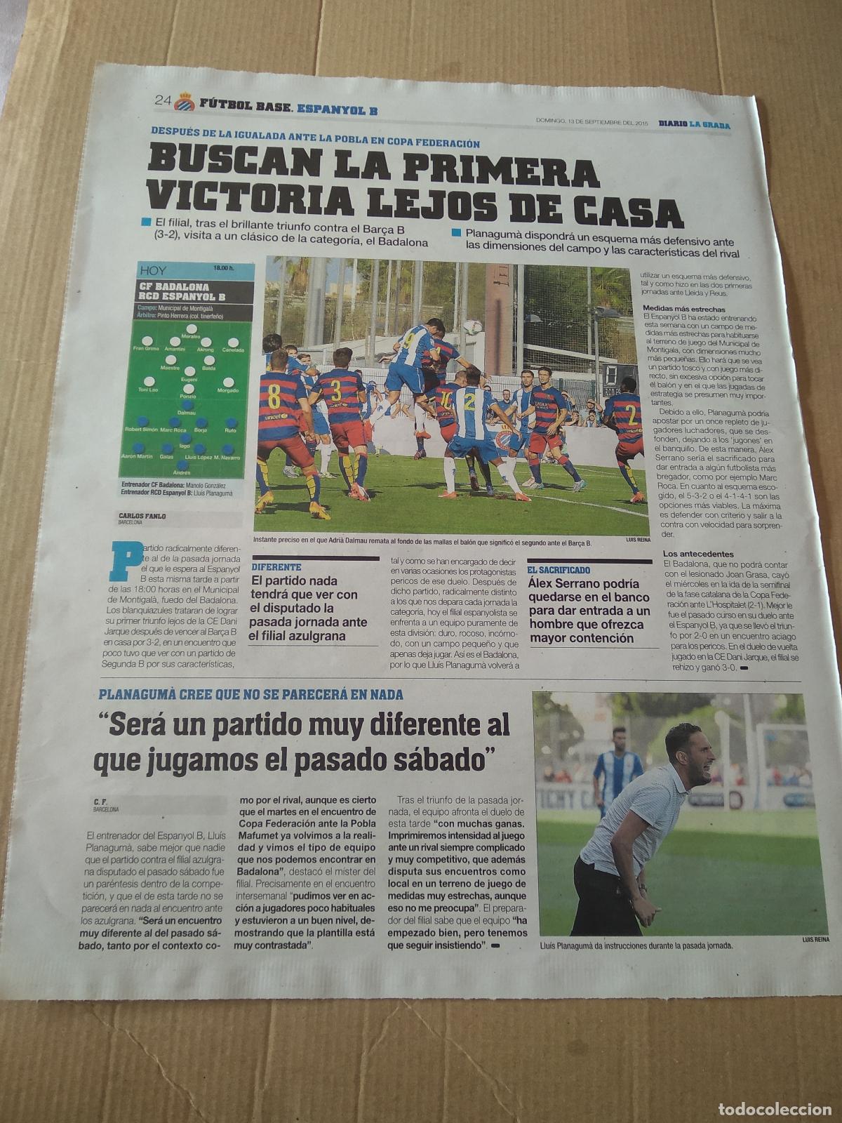 Coleccionismo Cromos antiguos: HOJA PERIODICO DIARIO LA GRADA ADRIA DALMAU ESPANYOL VS BARCELONA LLUIS PLANAGUMA NISSAN PUBLICIDAD