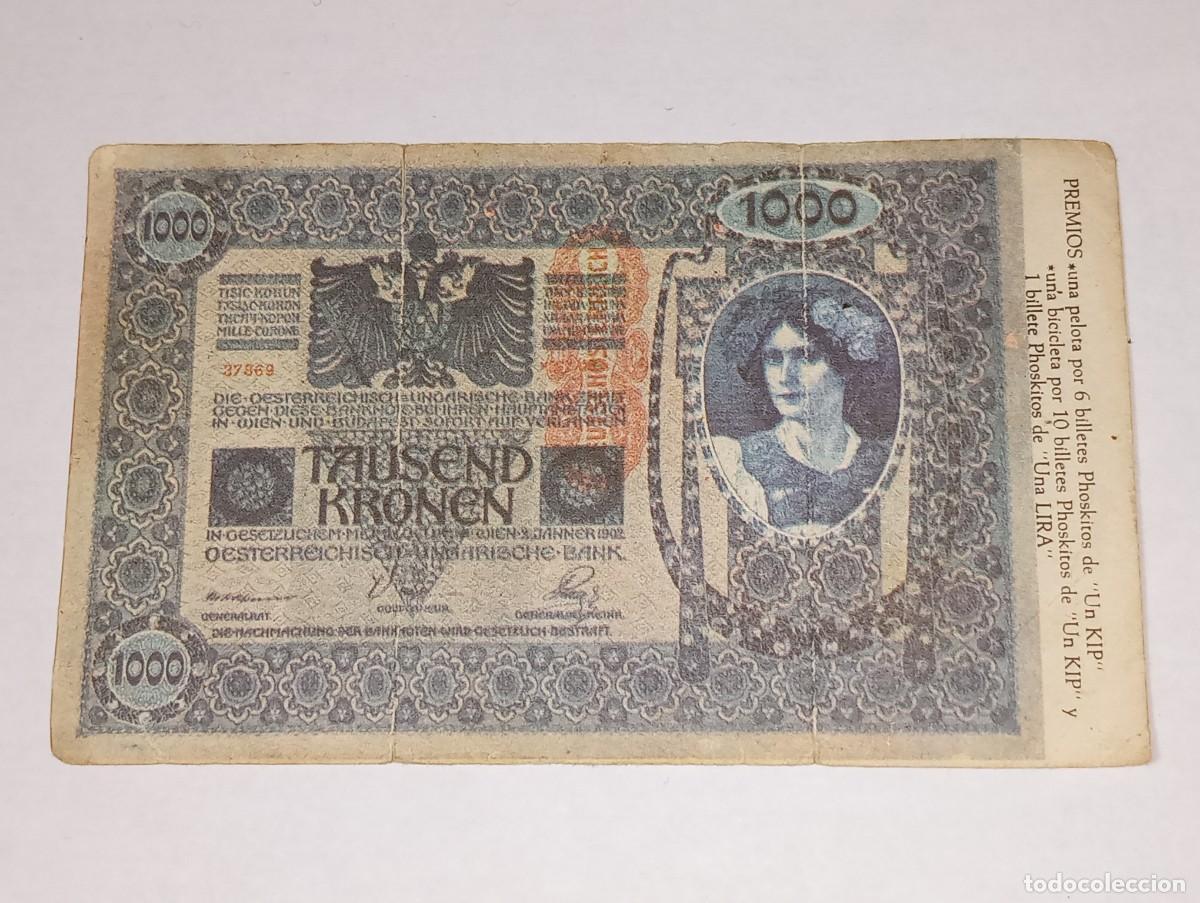 Coleccionismo Cromos antiguos: PHOSKITOS : ANTIGUO CROMO BILLETE 1000 CORONAS IMP. AUSTRO HUNGARO DINERO DE TODO EL MUNDO A&Ntilde;O 1974