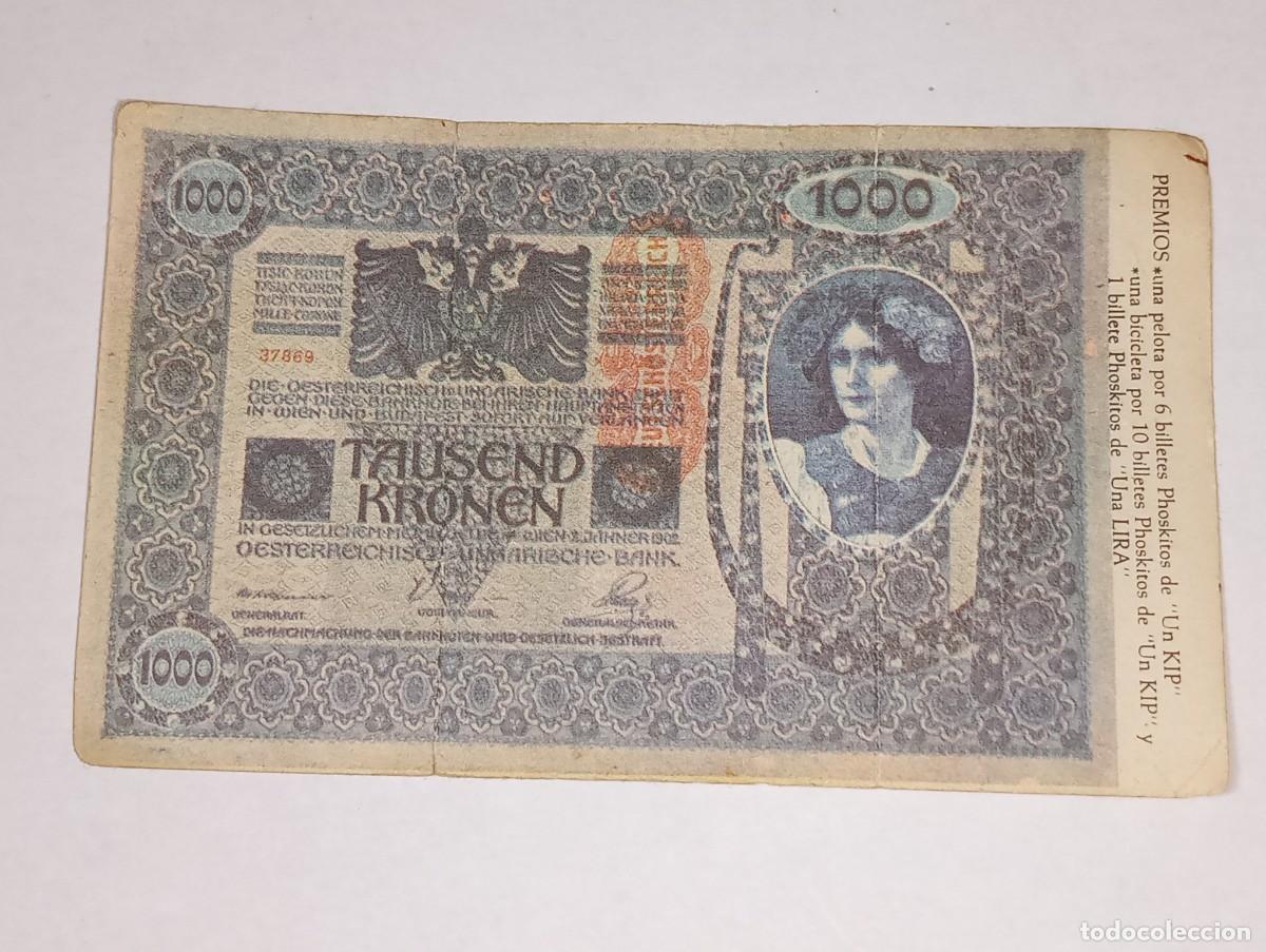 Coleccionismo Cromos antiguos: PHOSKITOS : ANTIGUO CROMO BILLETE 1000 CORONAS IMP. AUSTRO HUNGARO DINERO DE TODO EL MUNDO A&Ntilde;O 1974