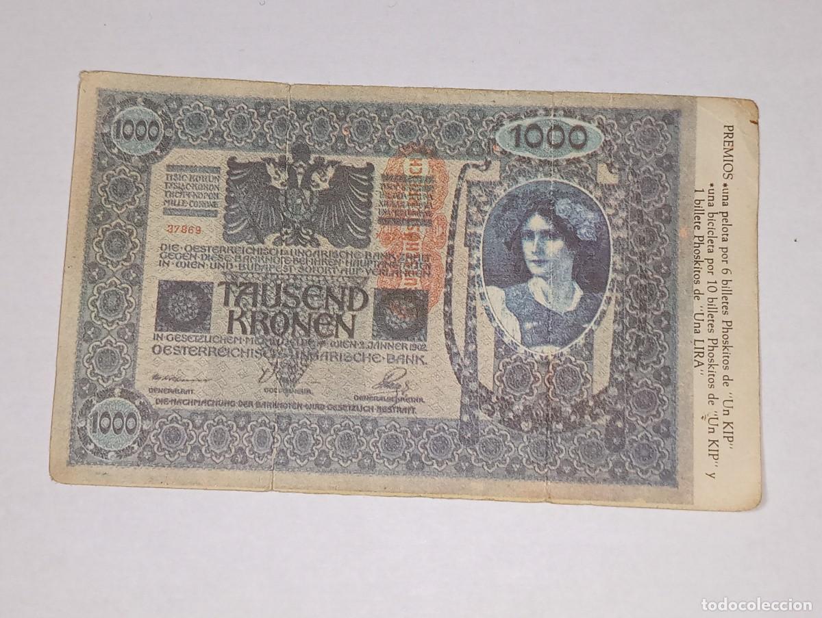 Coleccionismo Cromos antiguos: PHOSKITOS : ANTIGUO CROMO BILLETE 1000 CORONAS IMP. AUSTRO HUNGARO DINERO DE TODO EL MUNDO A&Ntilde;O 1974