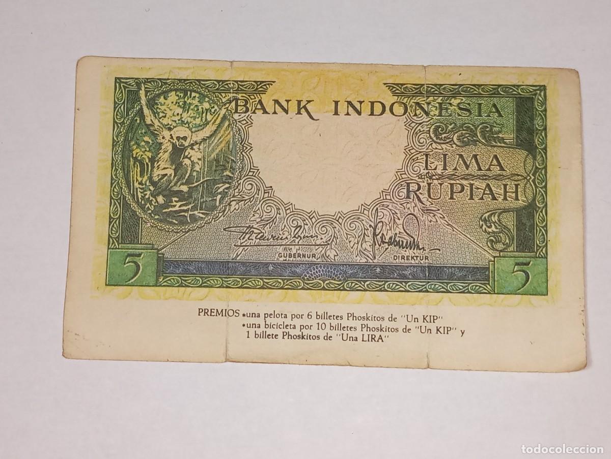 Coleccionismo Cromos antiguos: PHOSKITOS : ANTIGUO CROMO BILLETE 5 RUPIAS INDONESIA DINERO DE TODO EL MUNDO A&Ntilde;O 1974