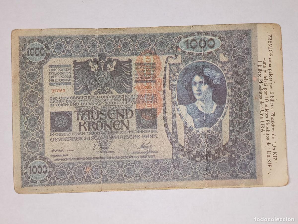 Coleccionismo Cromos antiguos: PHOSKITOS : ANTIGUO CROMO BILLETE 1000 CORONAS IMP. AUSTRO HUNGARO DINERO DE TODO EL MUNDO A&Ntilde;O 1974