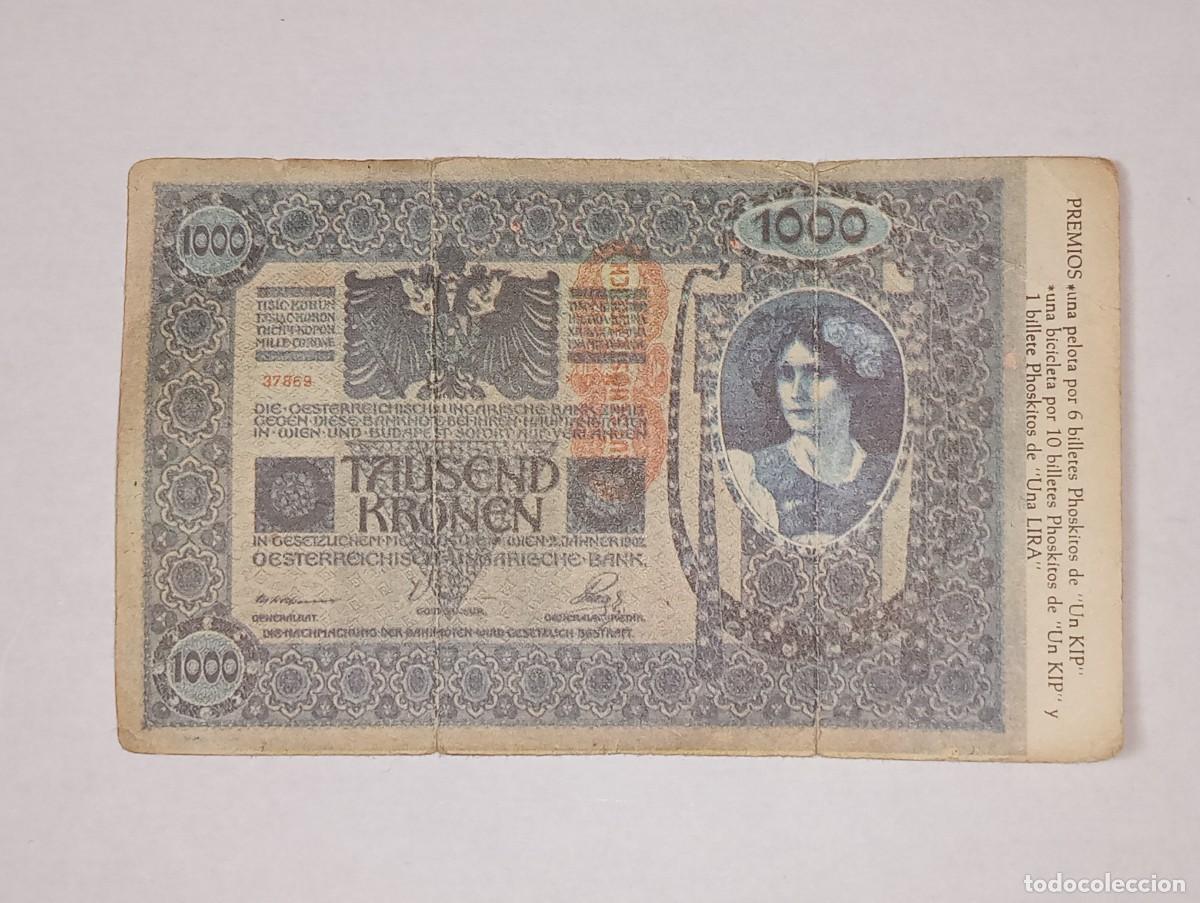Coleccionismo Cromos antiguos: PHOSKITOS : ANTIGUO CROMO BILLETE 1000 CORONAS IMP. AUSTRO HUNGARO DINERO DE TODO EL MUNDO A&Ntilde;O 1974