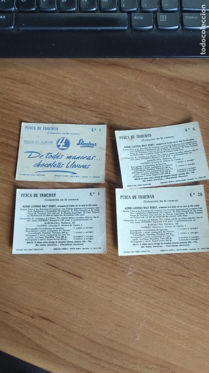 Coleccionismo cromos antiguos: 4 cromos &Aacute;lbum de Lloveras de Walt Disney. Pesca de truchas. Sin Pegar