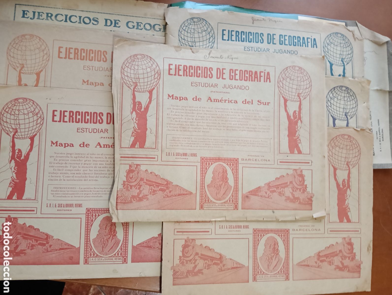 Coleccionismo Cromos antiguos: 7 MAPAS DE AMERICA, EUROPA, &Aacute;FRICA, ETC. EJERCICIOS DE GEOGRAFIA-SEIX Y BARRAL EDITORES