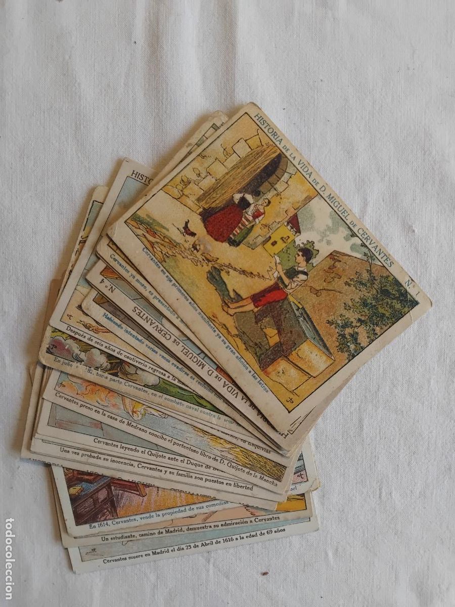 Coleccionismo cromos antiguos: HISTORIA DE LA VIDA DE D. MIGUEL DE CERBANTES. COLECCION COMPLETA DE 20 CROMOS. VARIOS CHOCOLATES.