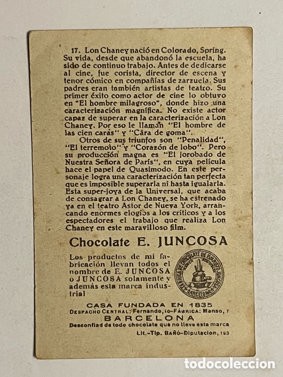 Coleccionismo cromos antiguos: CROMO LON CHANEY (SERIE D NUM. 17) CHOCOLATE E.JUNCOSA - Foto 2