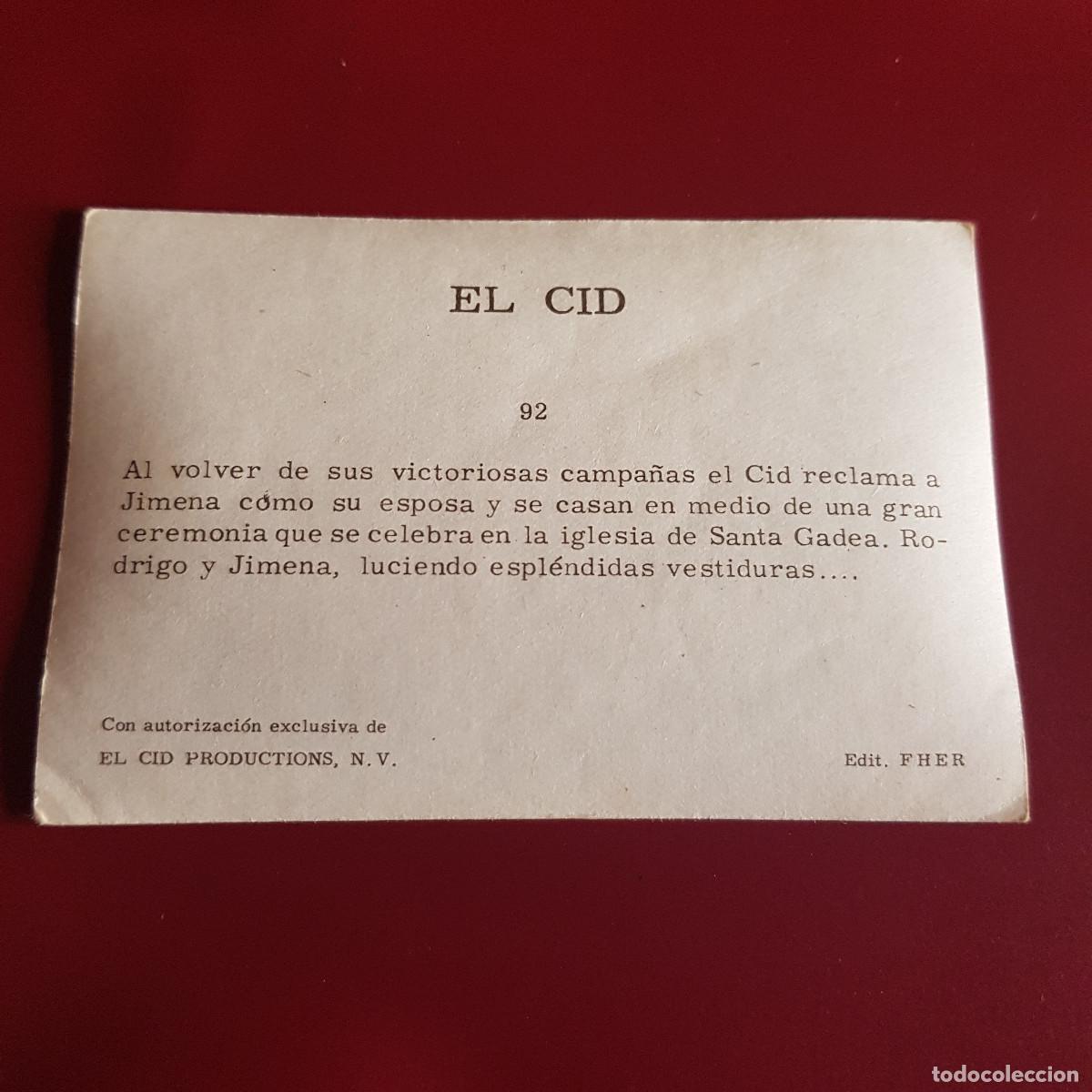 Coleccionismo cromos antiguos: FHER - EL CID - 1962 - 62 - 92 - NUNCA PEGADO - Foto 2