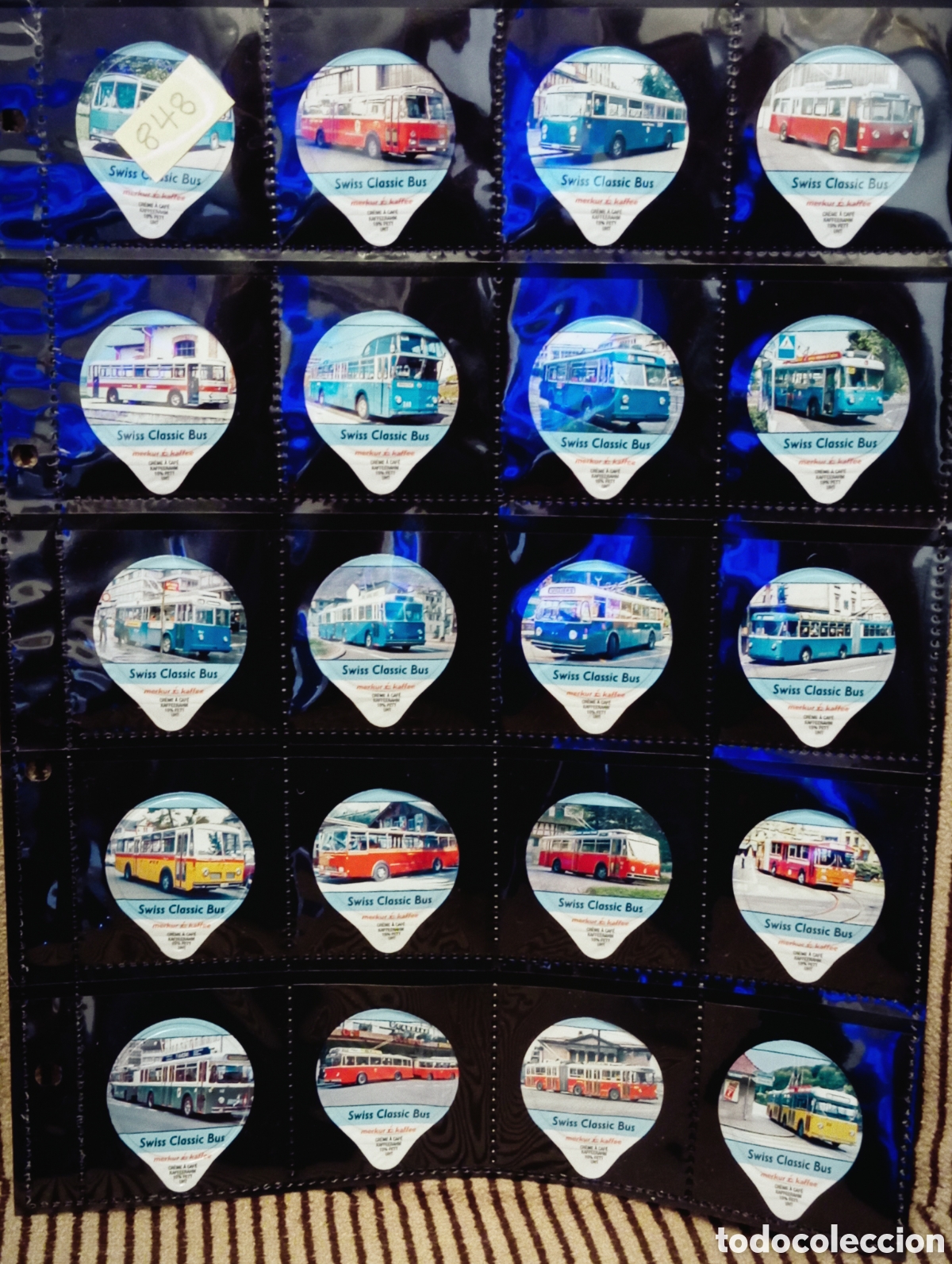Sammeln alte Sammelbilder: Lote de 20 tapas de crema Merkur Kaffee - Serie &rdquo;Swiss Classic Bus Folio incluido