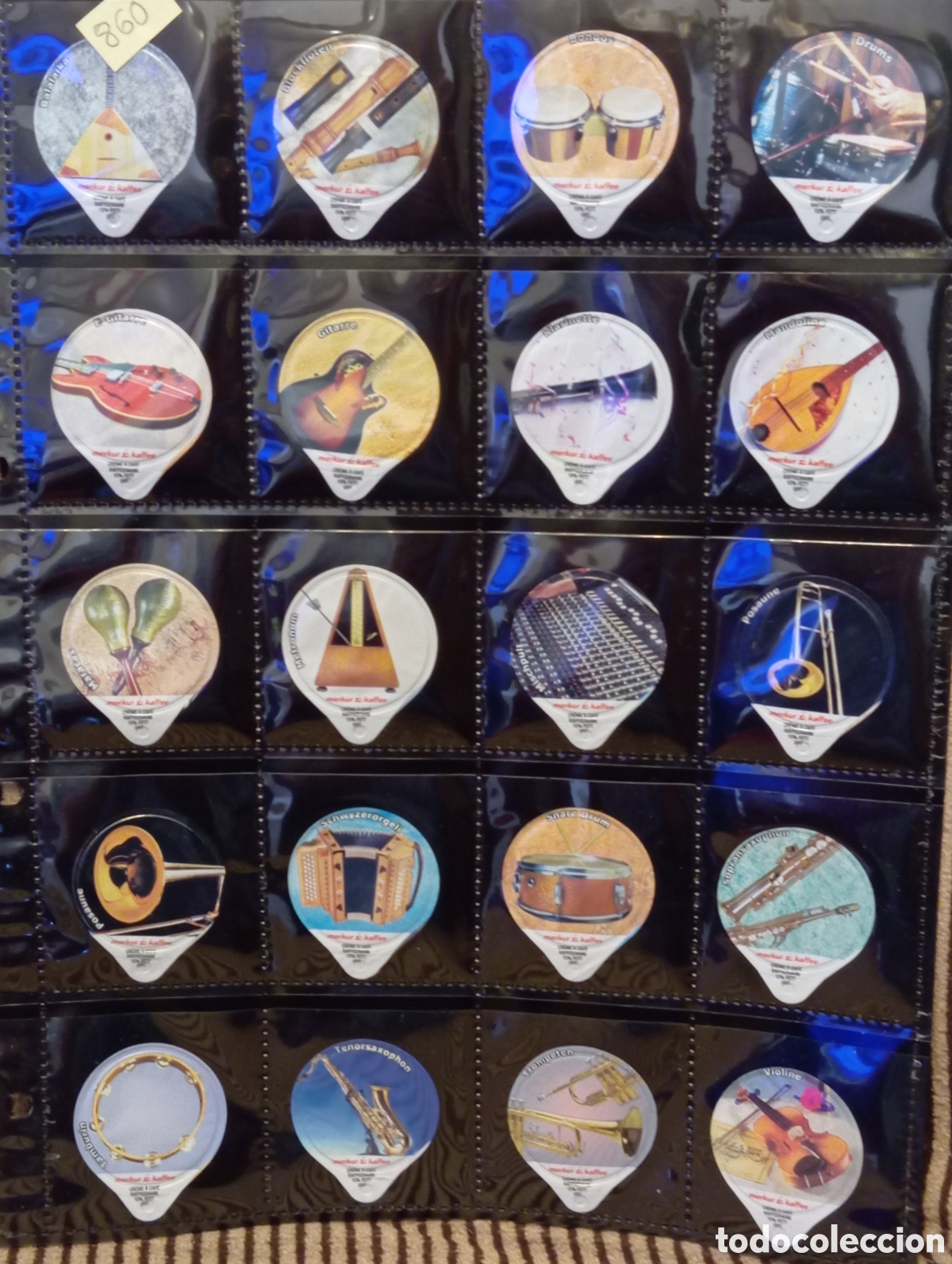 Collectionnisme Cartes &agrave; collectionner anciennes: Lote 20 Tapas Crema de Caf&eacute; (Kaffeerahmdeckeli) - Serie Instrumentos musicales Folio incluido