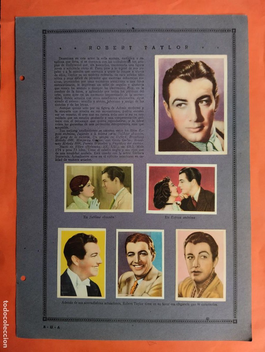 Coleccionismo Cromos antiguos: ASTROS Y ESTRELLAS FIRMAMENTO CINEMATOGRAFICO ROBERT TAYLOR WARNER BAWTER HOJA E-13-A 12 CROMOS CINE