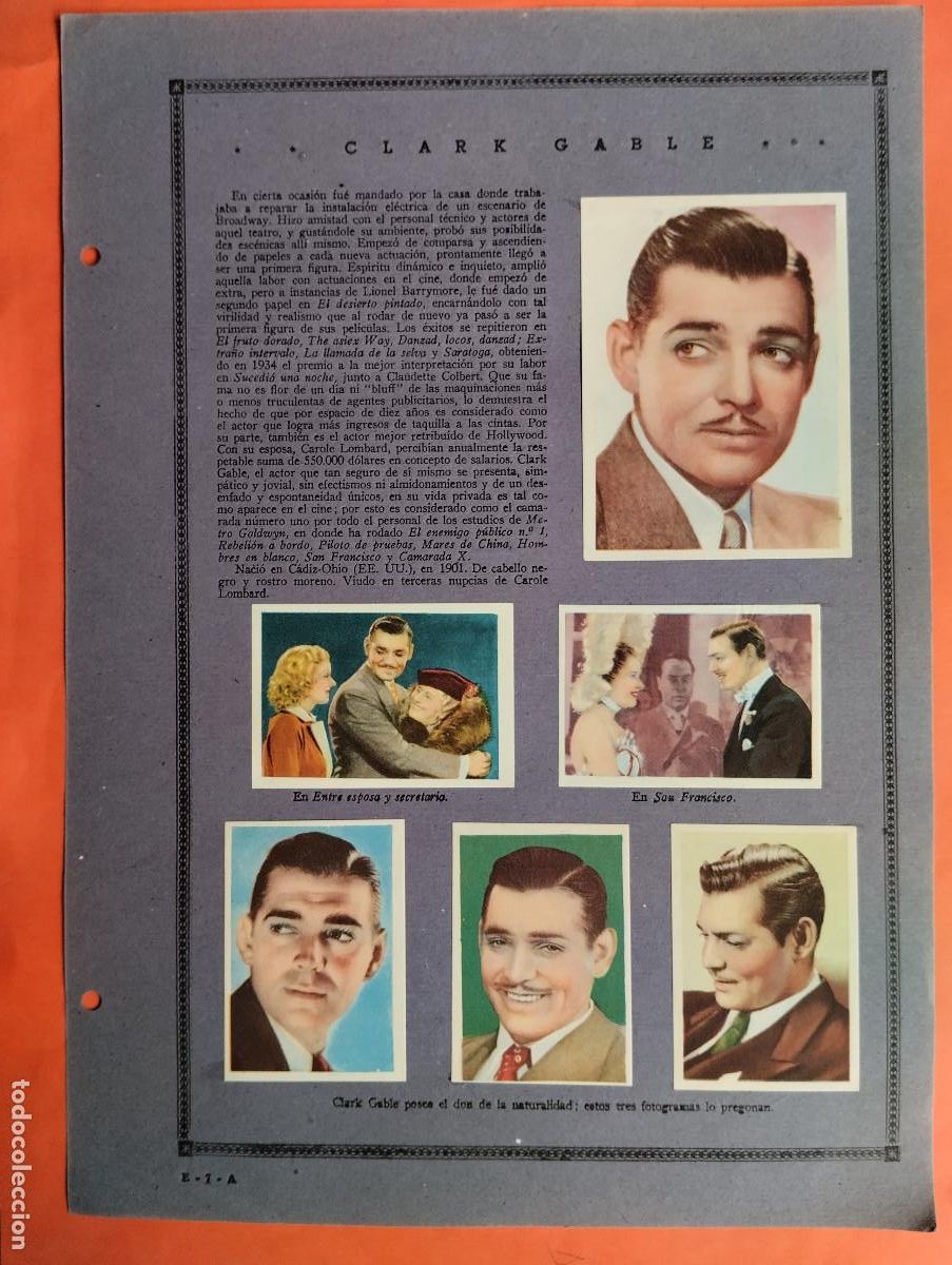 Coleccionismo Cromos antiguos: ASTROS Y ESTRELLAS FIRMAMENTO CINEMATOGRAFICO CLARK GABLE SPENCER TRACY HOJA E-7-A 10 CROMOS CINE