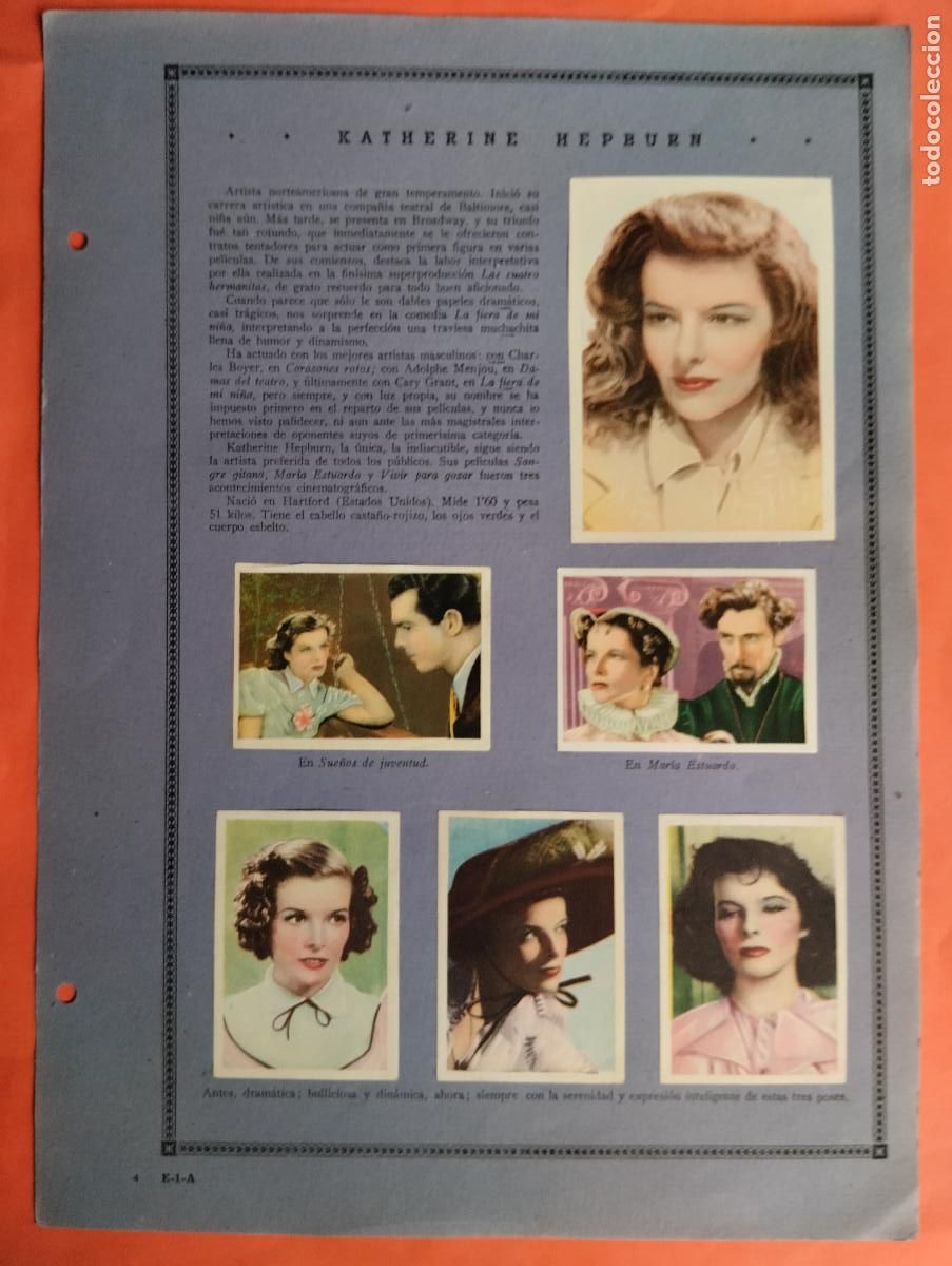 Coleccionismo Cromos antiguos: ASTROS Y ESTRELLAS FIRMAMENTO CINEMATOGRAFICO KATHERINE HEPBURN LESLIE HOW HOJA E-1-A 12 CROMOS CINE