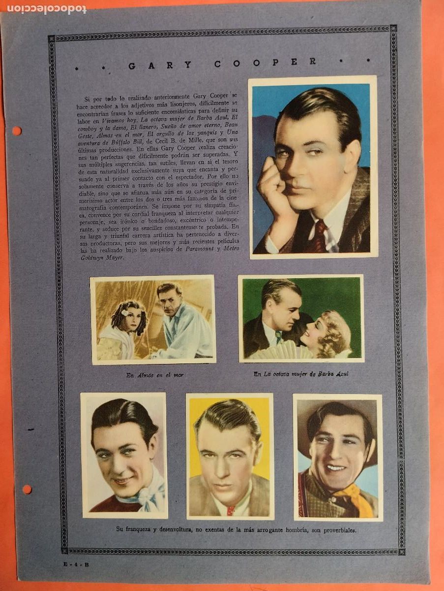 Coleccionismo Cromos antiguos: ASTROS Y ESTRELLAS FIRMAMENTO CINEMATOGRAFICO GARY COOPER JEANNETTE MAC DO HOJA 4 B 12 CROMOS CINE