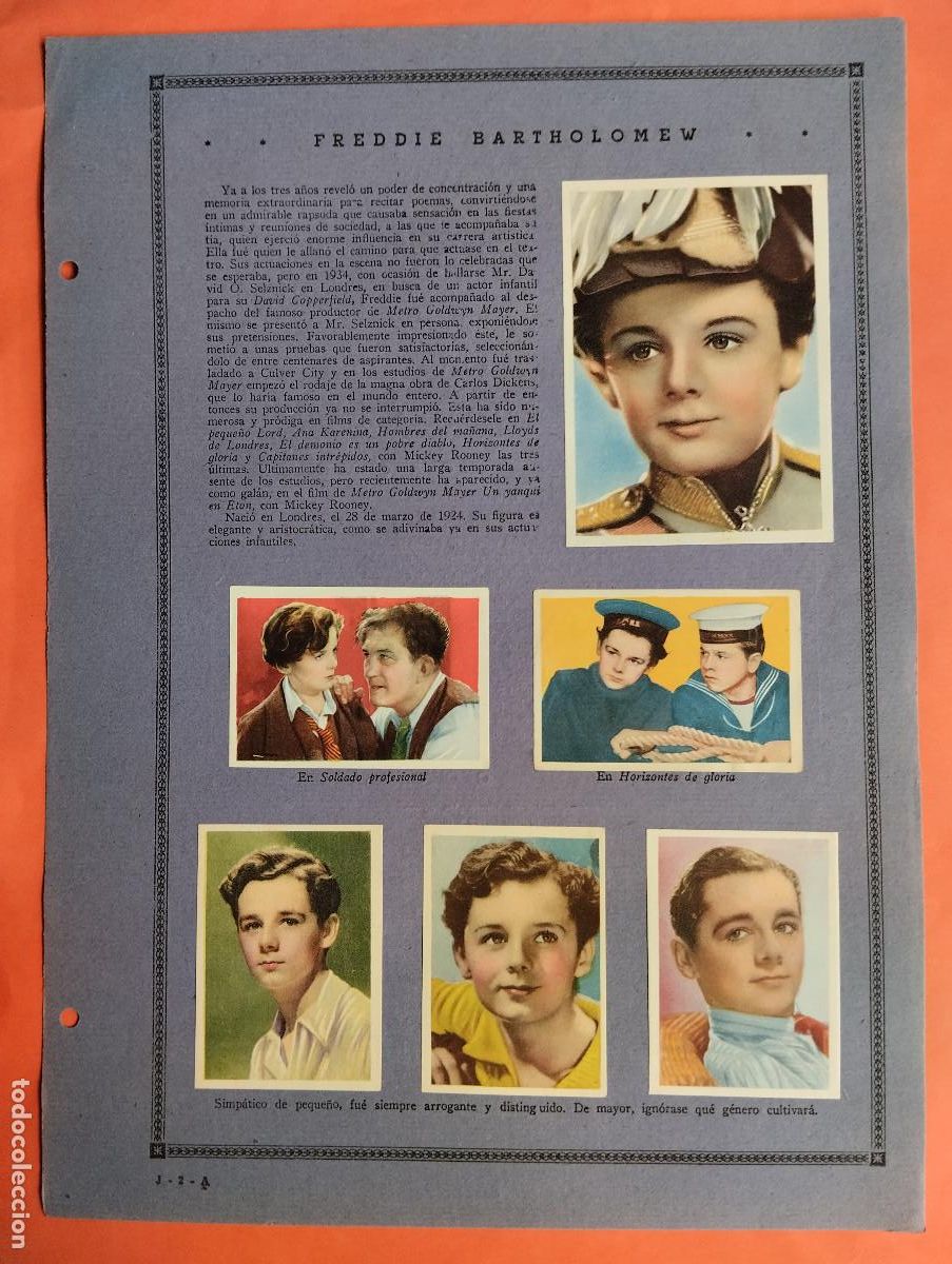 Coleccionismo Cromos antiguos: ASTROS Y ESTRELLAS FIRMAMENTO CINEMATOGRAFICO - FREDY BATHOLOMEW... HOJA J-2-A - 11 CROMOS CINE