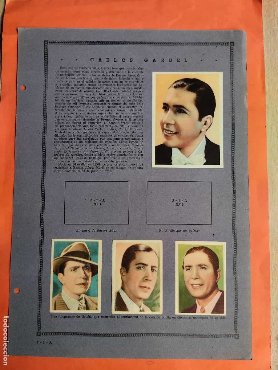 Coleccionismo Cromos antiguos: ASTROS Y ESTRELLAS FIRMAMENTO CINEMATOGRAFICO - CARLOS GARDEL ...HOJA J-I-A - 10 CROMOS CINE
