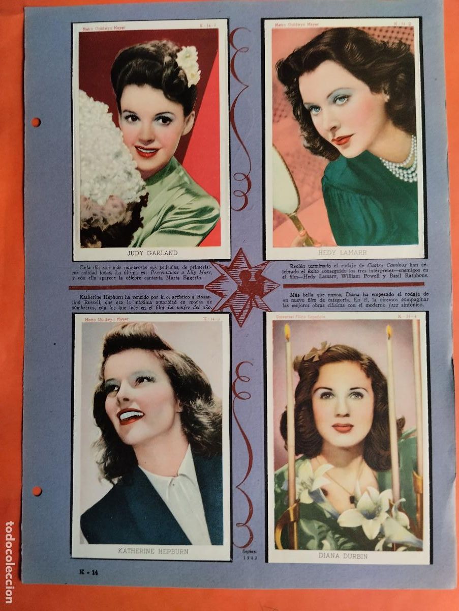 Coleccionismo Cromos antiguos: ASTROS Y ESTRELLAS FIRMAMENTO CINEMATOGRAFICO HEDY LAMARR KAT HEPBURN. HOJA K-14 - 8 CROMOS CINE