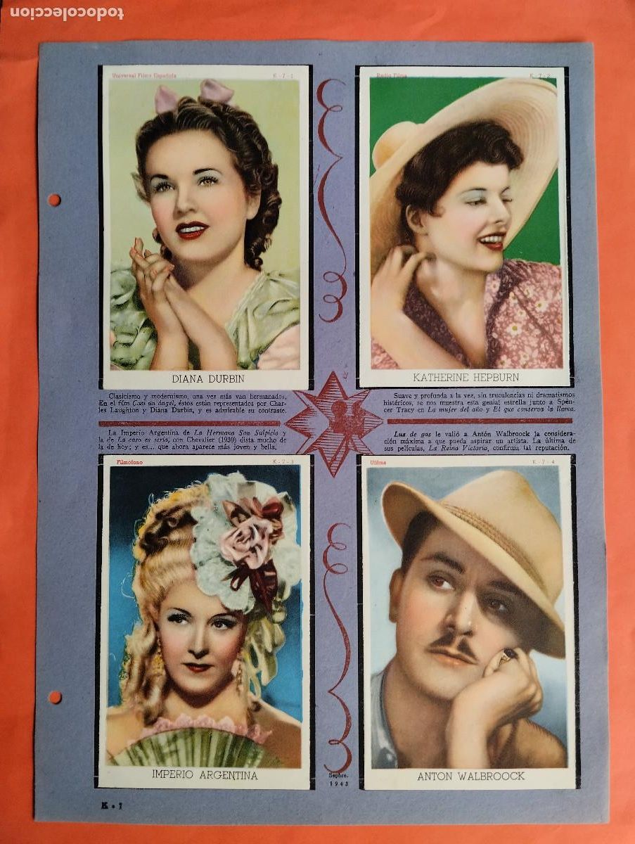 Coleccionismo Cromos antiguos: ASTROS Y ESTRELLAS FIRMAMENTO CINEMATOGRAFICO IMPERIO ARGENTINA K HEPBURN.. HOJA K-7 - 8 CROMOS CINE