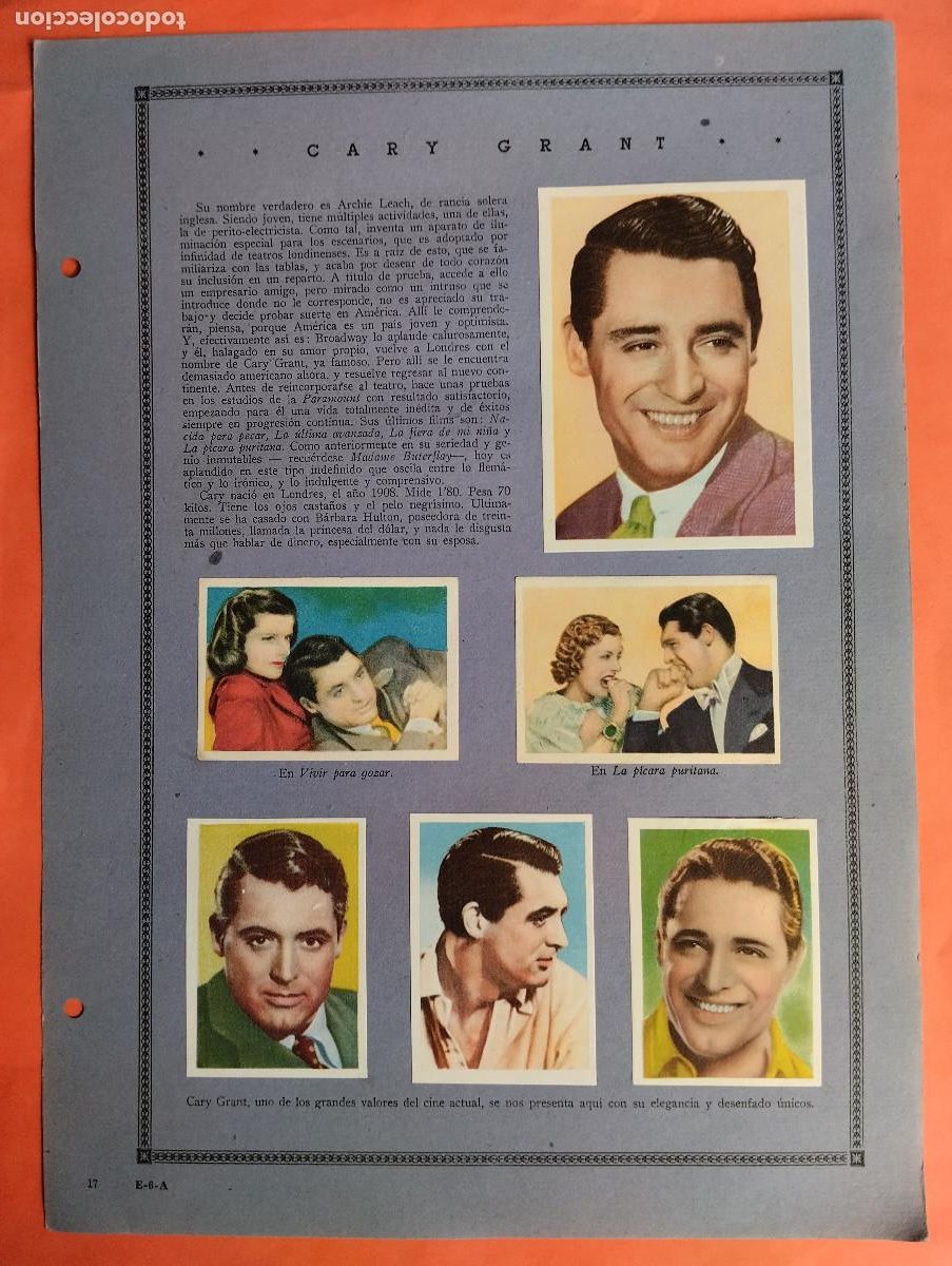 Coleccionismo Cromos antiguos: ASTROS Y ESTRELLAS FIRMAMENTO CINEMATOGRAFICO GARY GRANT MARLENE DIETRICH HOJA E-6-A 12 CROMOS CINE