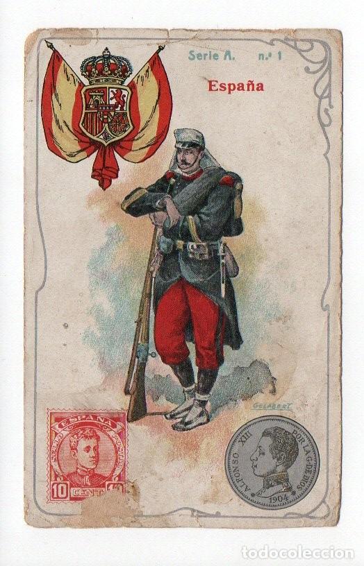 Coleccionismo Cromos antiguos: CROMO ESPA&Ntilde;A, SERIE A. N&ordm; 1, BANDERAS, UNIFORME, SELL, MONEDA... FIRMADO GELABERT.