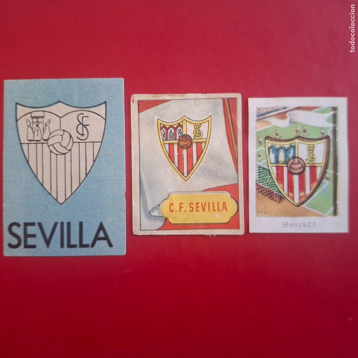 Colecionismo Cromos antigos: 3 cromos antiguos de f&uacute;tbol. Escudo SEVILLA FC a&ntilde;os 51/52 -52/52 -59/60