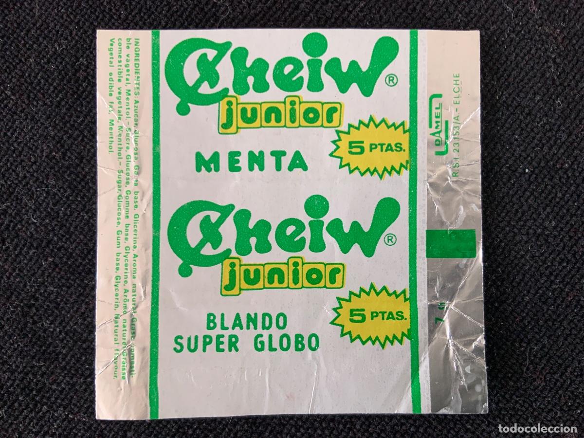 Coleccionismo Cromos antiguos: Envoltorio Chicle Cheiw menta, blando super globo 5 pesetas, con chiste en reverso.