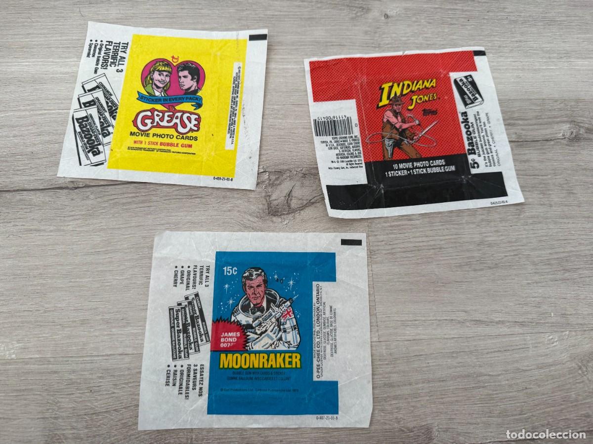 Coleccionismo Cromos antiguos: 3 envoltorios cine Chicle - Indiana Jones, Moonraker y Grease