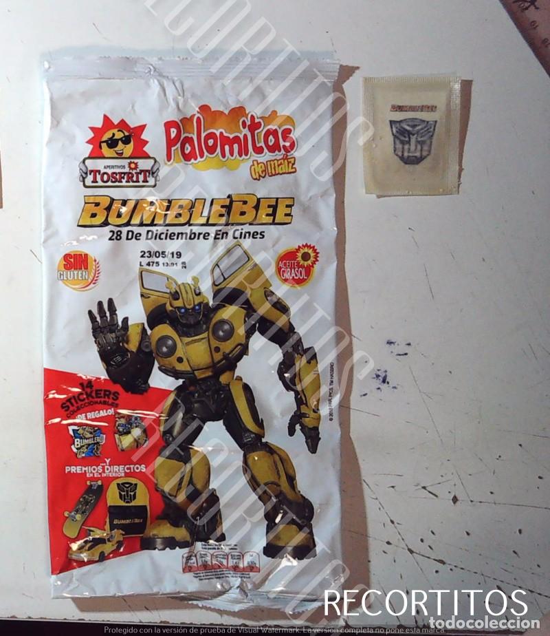 Coleccionismo Cromos antiguos: BOLSA ENOLTORIO MAS CROMO DE PALOMITAS TRANSFORMERS BUMBLEBEE