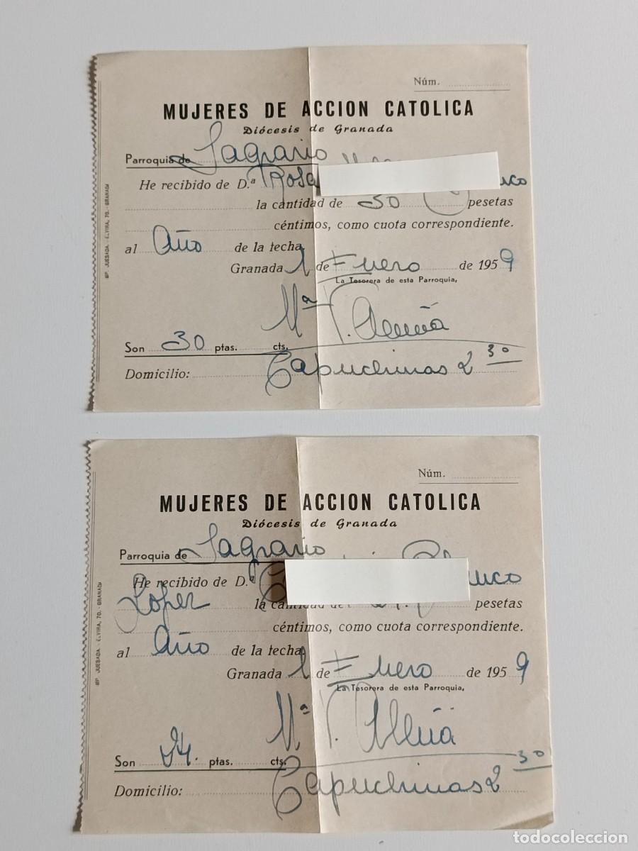 Coleccionismo Cromos antiguos: DOS RECIBOS DE MUJERES DE ACCI&Oacute;N CAT&Oacute;LICA. GRANADA. 1959