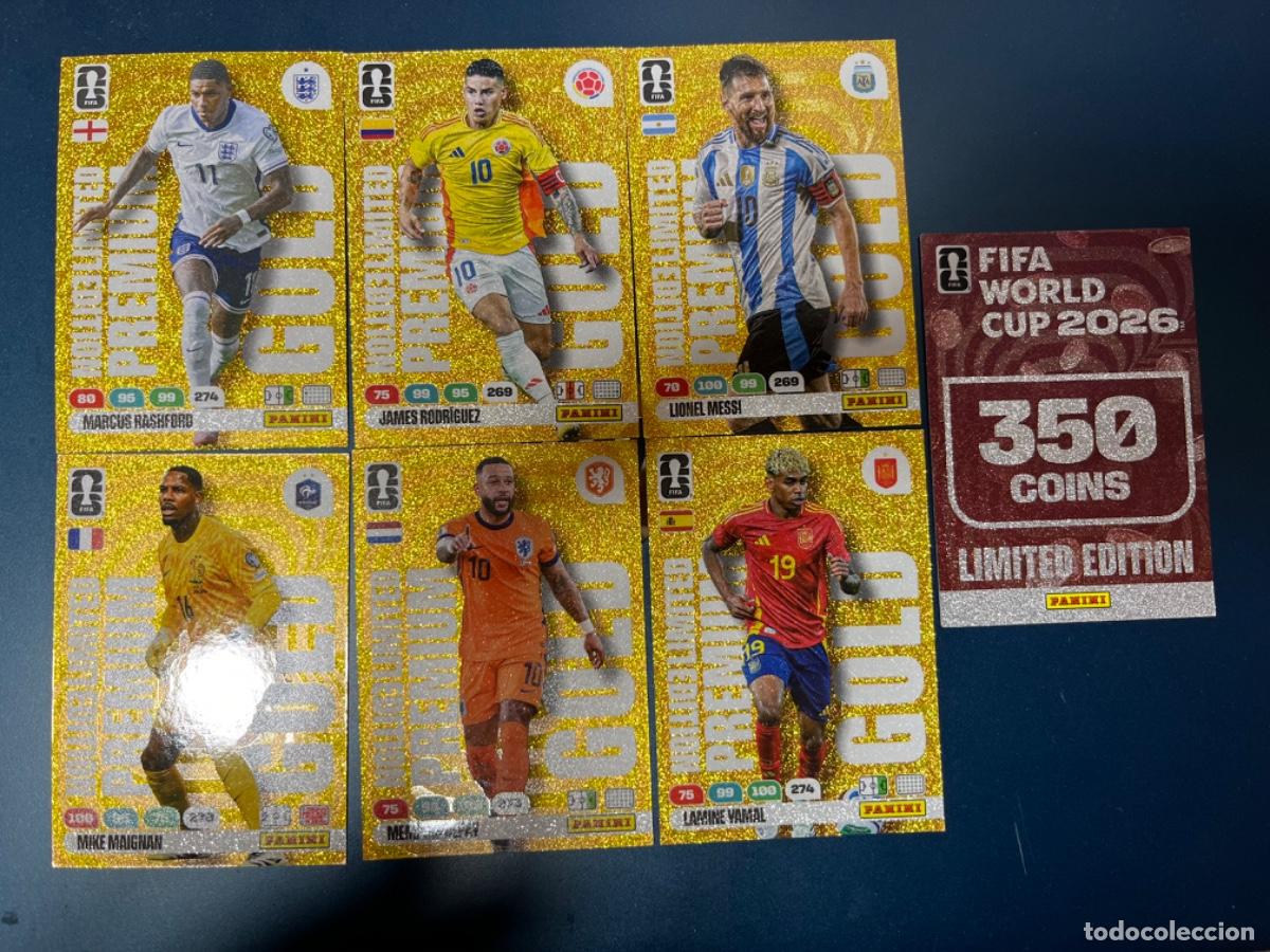 Coleccionismo Cromos antiguos: 6 fichas premium gold messi yamal depay maignan rodriguez rashford + 350 coins world cup 2026