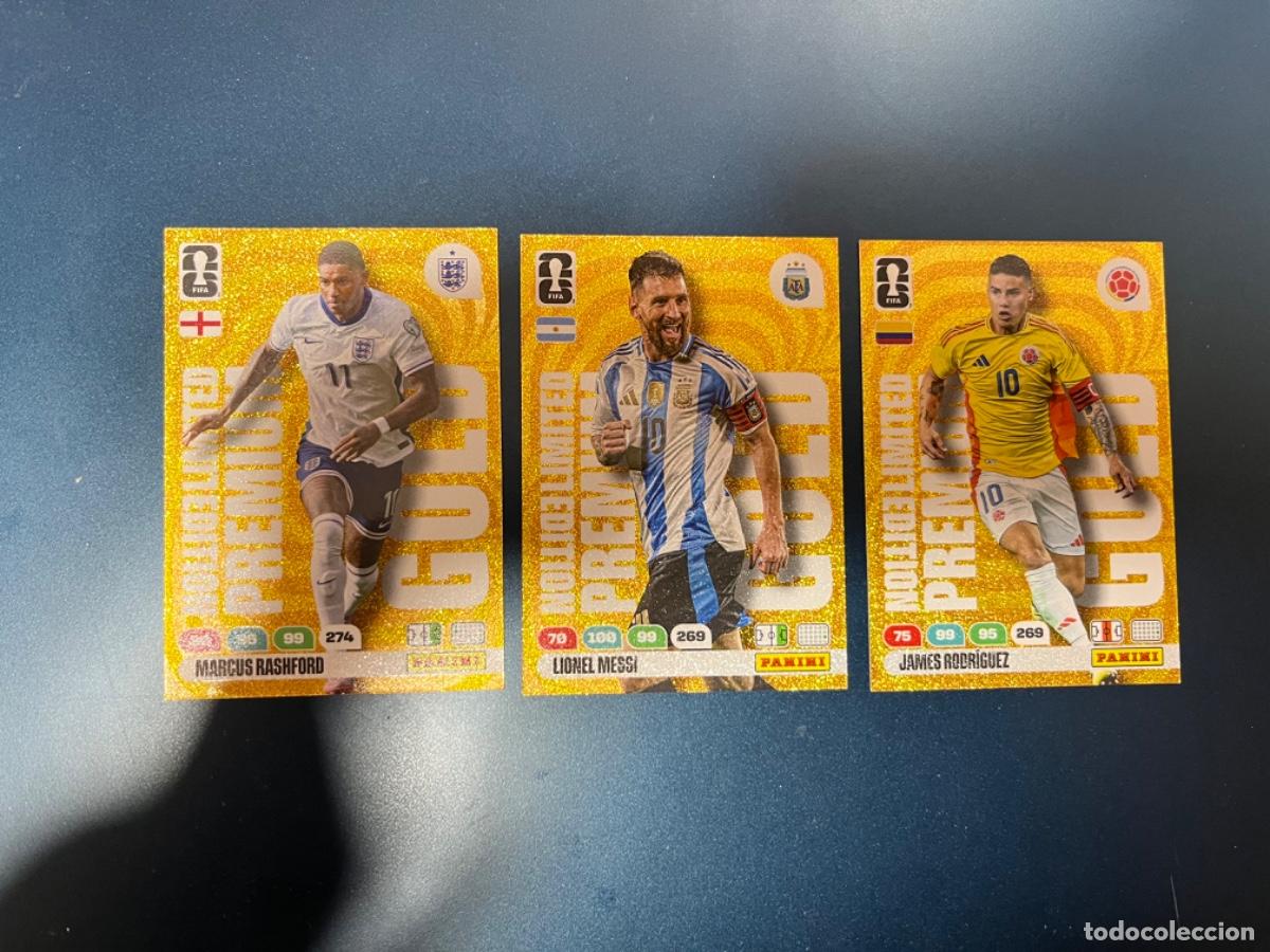 Coleccionismo Cromos antiguos: 3 fichas premium gold messi rashford rodriguez premium gold world cup mundial 2026