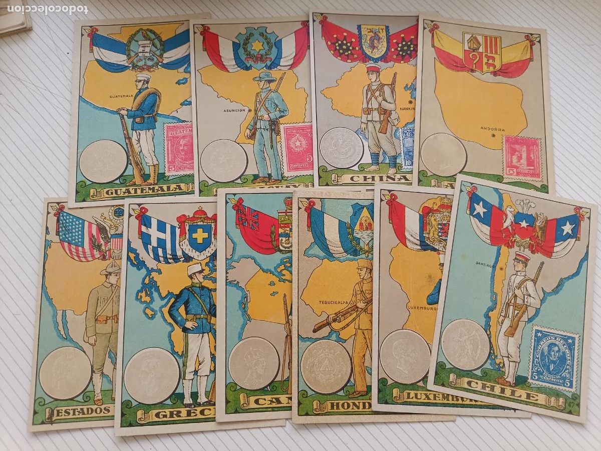 Coleccionismo Cromos antiguos: Chocolates Columba: 10 cromos antiguos: pa&iacute;ses, banderas, sello, escudo y mapa