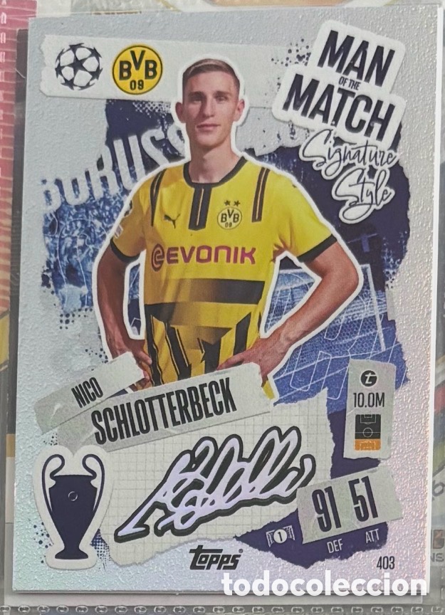 Coleccionismo Cromos antiguos: NICO SCHLOTTERBECK MAN OF THE MATCH Firma Carta Topps Match Attax Champions League 2024 2025
