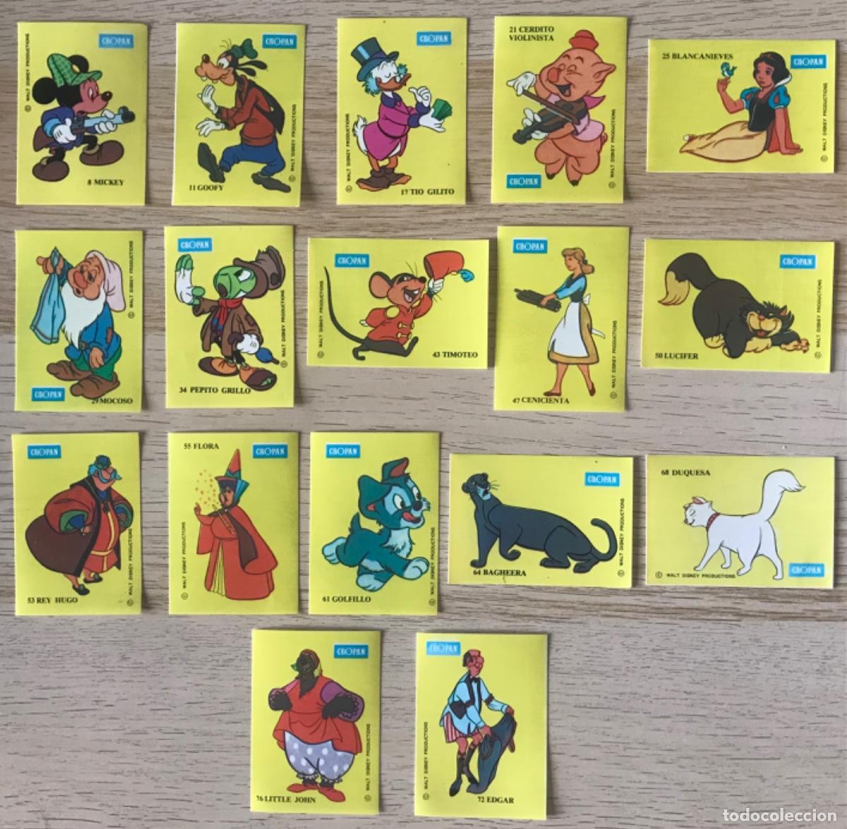 Coleccionismo Cromos antiguos: 17 Cromos CROPAN - Dibujos animados WALT DISNEY - Pl&aacute;stico con color de fondo AMARILLO