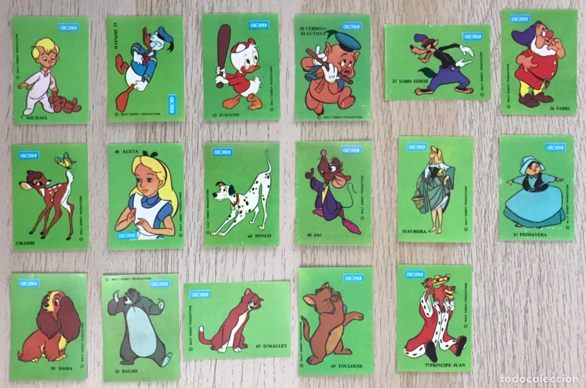 Coleccionismo Cromos antiguos: 17 Cromos CROPAN - Dibujos animados WALT DISNEY - Pl&aacute;stico con color de fondo VERDE