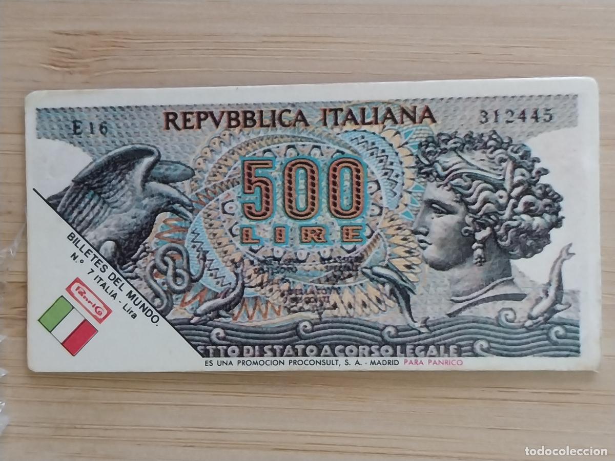 Coleccionismo Cromos antiguos: PANRICO BILLETES MUNDO 500 LIRAS ITALIA CROMO 7 ORGINAL A&Ntilde;OS 70 8X4CMS JUGADO