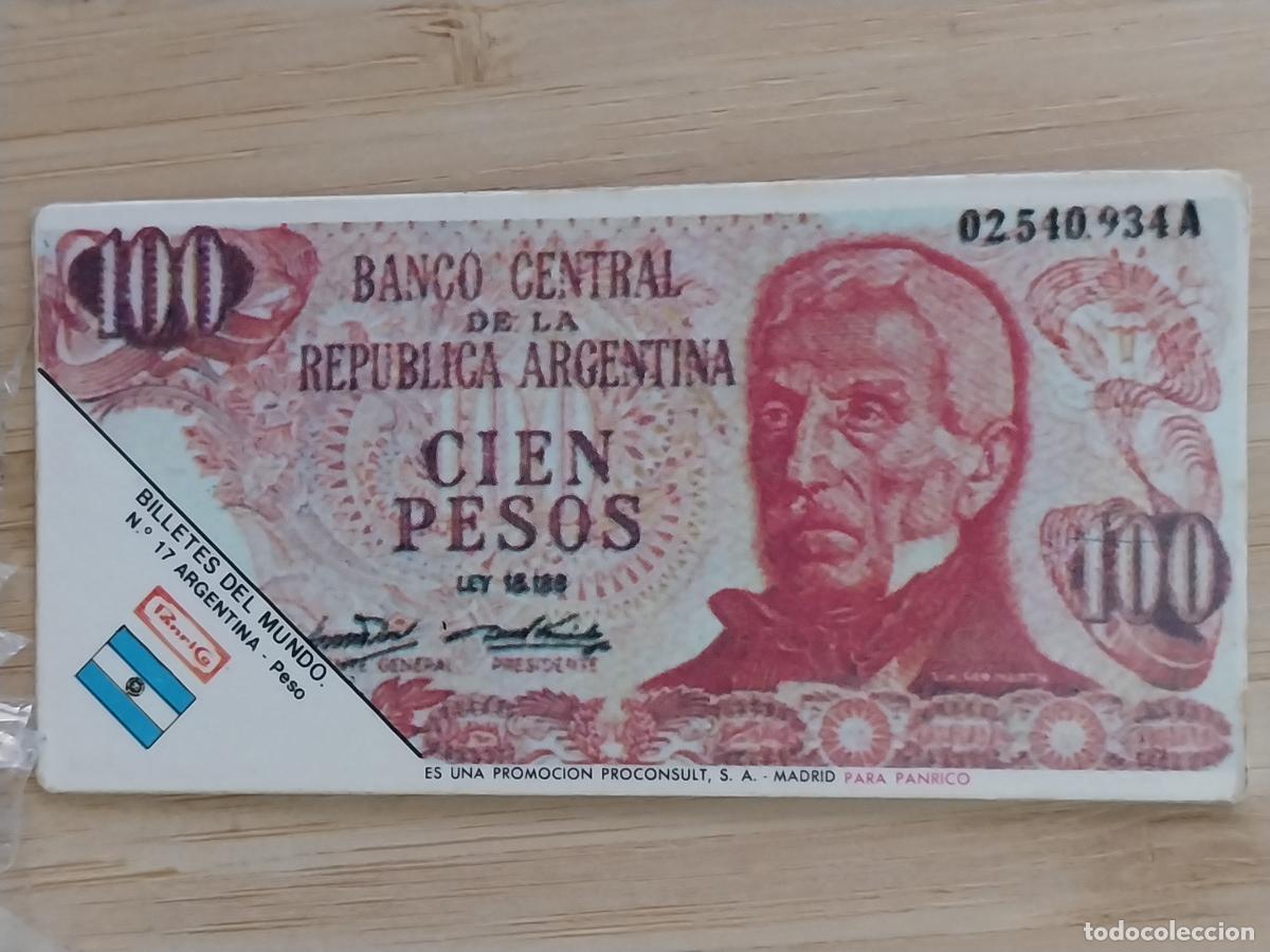 Collectable Antique Stickers: PANRICO BILLETES MUNDO 100 PESOS ARGENTINA ** CROMO 17 ORGINAL A&Ntilde;OS 70 8X4CMS JUGADO *