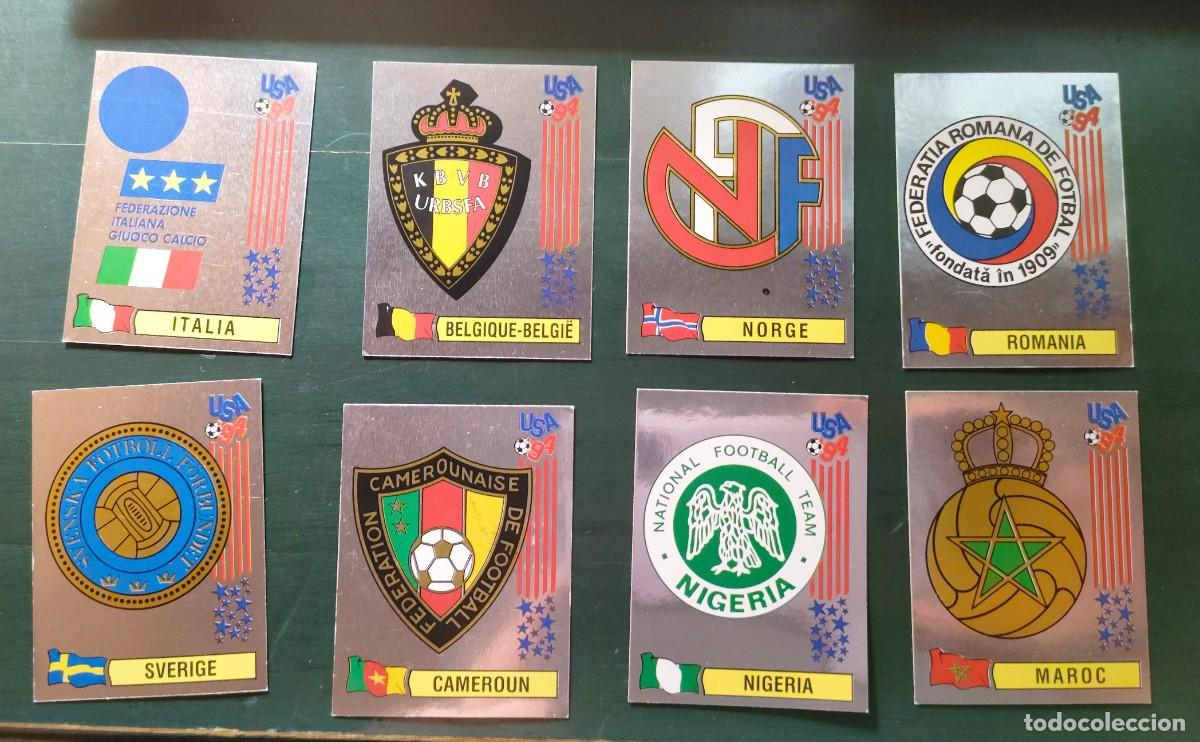 Coleccionismo Cromos antiguos: Lote 8 Escudos USA94 Italia B&eacute;lgica Noruega Rumania Suecia Camer&uacute;n Nigeria Marruecos Panini