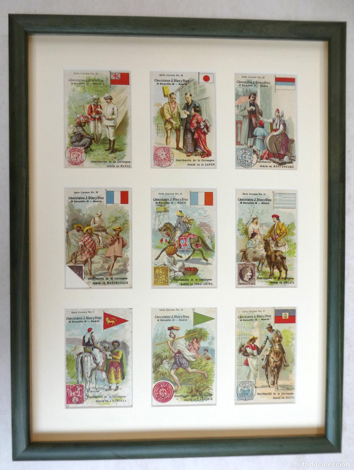 Coleccionismo Cromos antiguos: 9 CROMOS Fabrica de Chocolates J. Diez y Diez, Serie Correos , Enmarcados