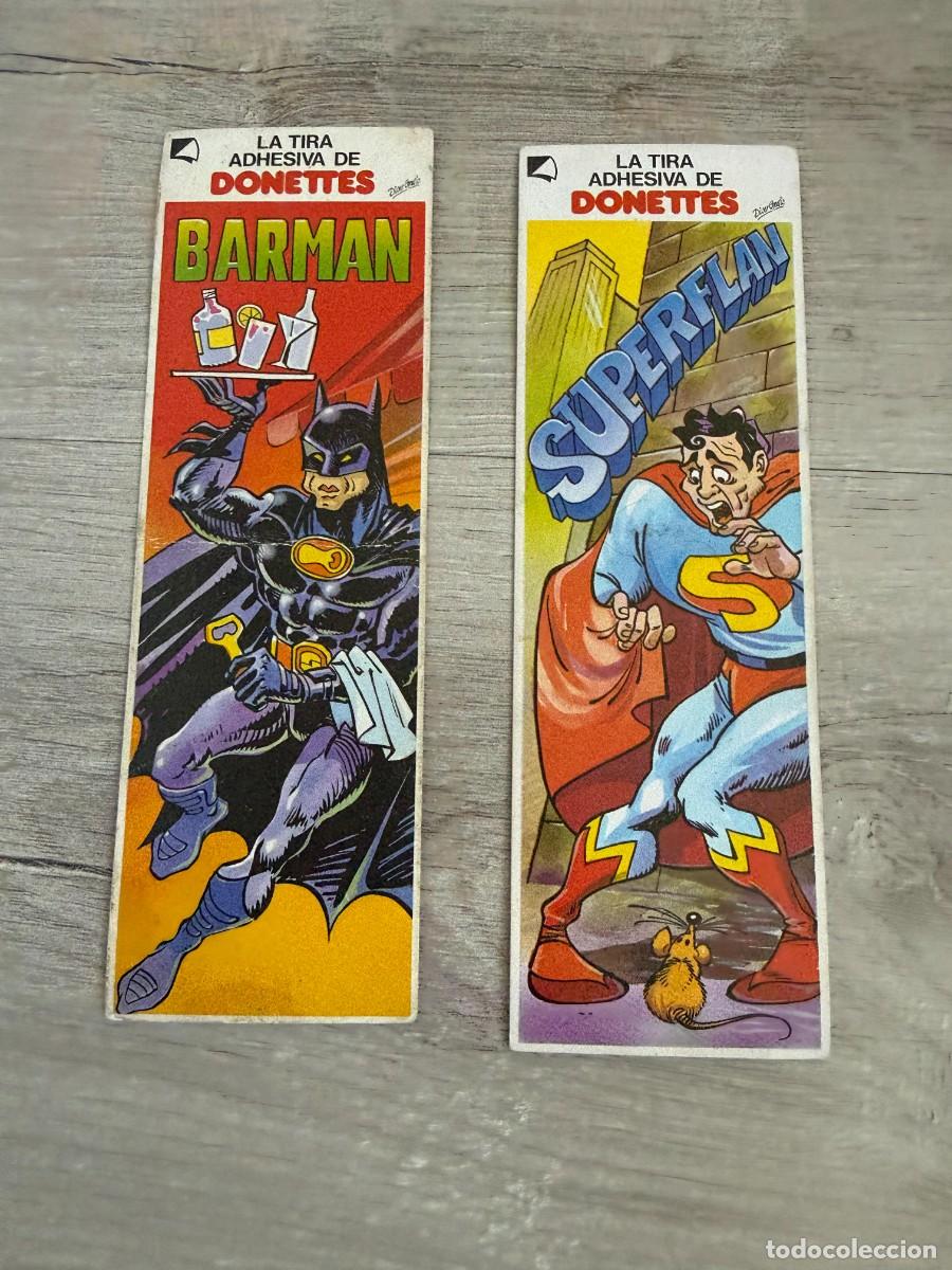 Coleccionismo Cromos antiguos: 2 tiras adhesivas de Donettes - Superh&eacute;roes Batman Superm&aacute;n DC