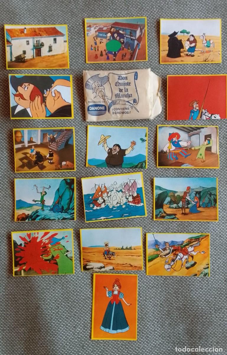Coleccionismo Cromos antiguos: LOTE DE SOBRE VACIO Y 15 CROMOS DON QUIJOTE DE LA MANCHA. DANONE.