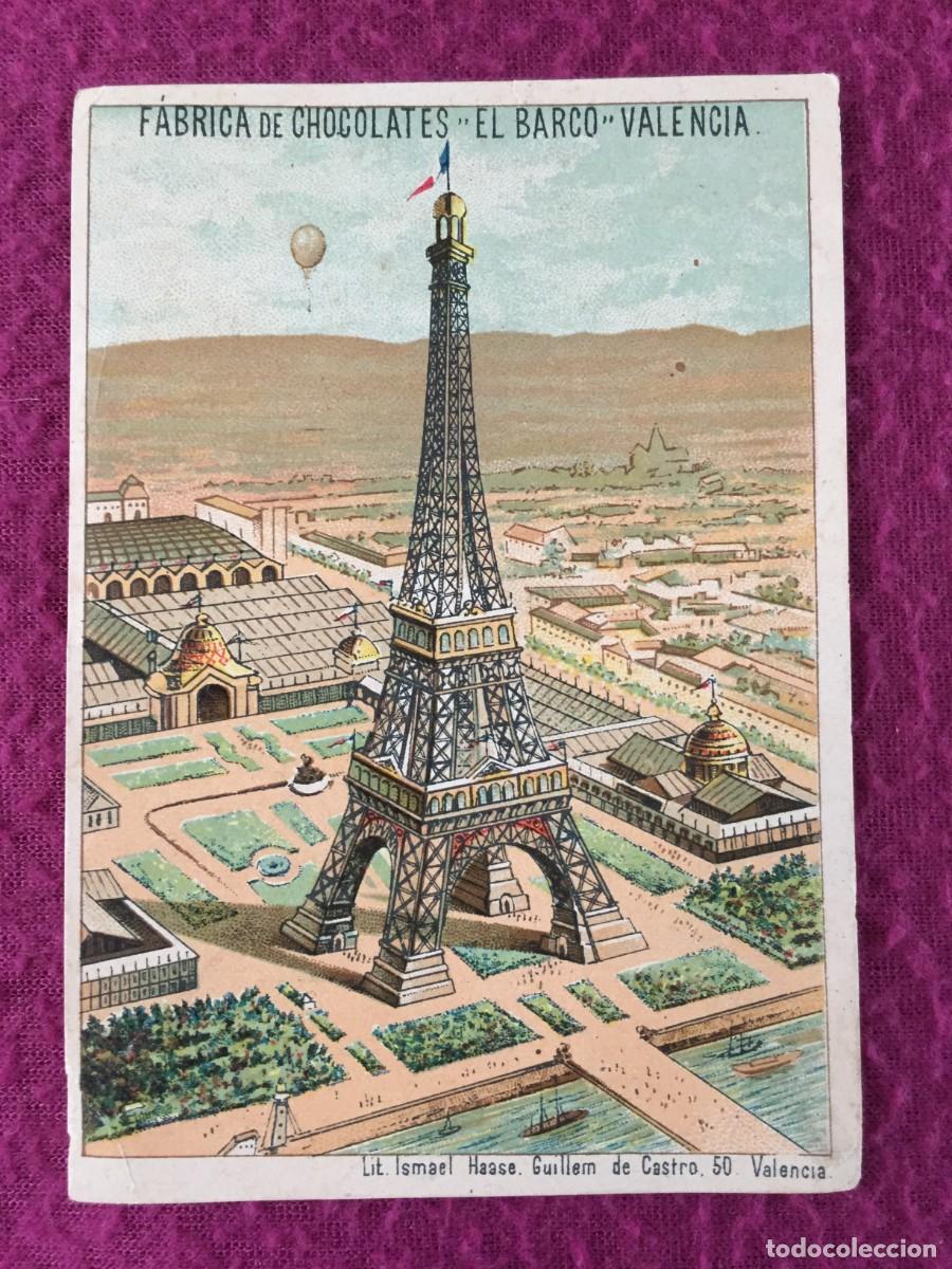 Coleccionismo Cromos antiguos: CHOCOLATES EL BARCO - VALENCIA - TORRE EIFFEL - VER REVERSO - TAMA&Ntilde;O 8 X 11 CM - SIGLO XIX