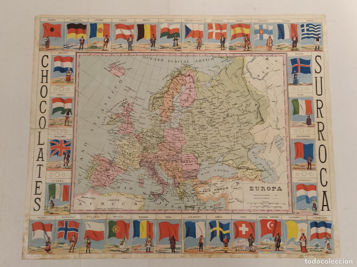 Coleccionismo Cromos antiguos: CHOCOLATES SURROCA - MAPA DE EUROPA - CARTEL ANTIGUO CON CROMOS PEGADOS -VER FOTOS