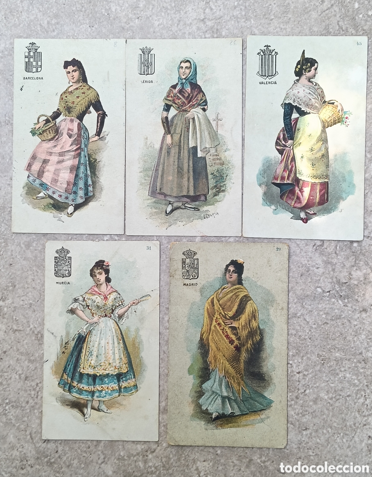 Coleccionismo cromos antiguos: 5 cromos, lerida ,barcelona ,valencia ,murcia , Madrid ,traje regional , tipos 49 provincias