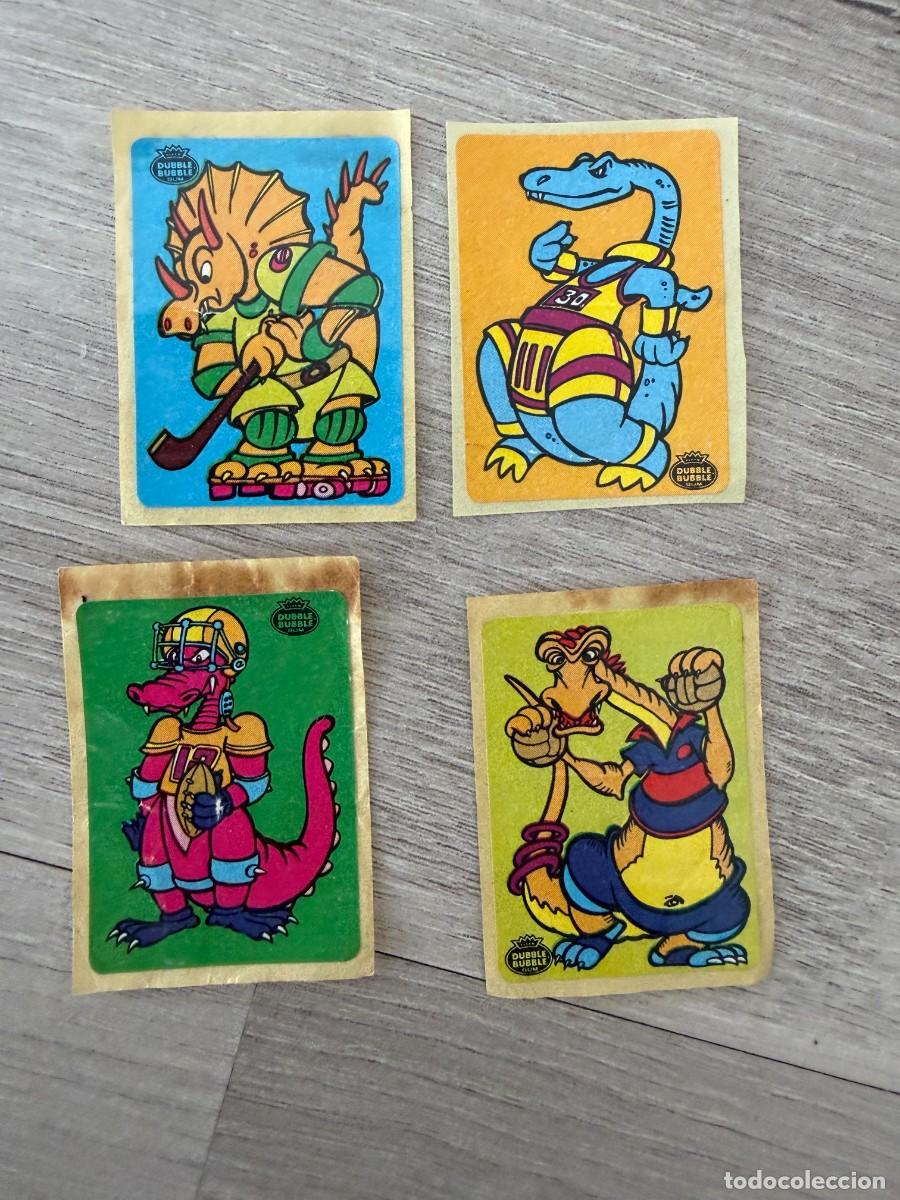 Coleccionismo cromos antiguos: 4 cromos pegatinas chicle Dubble Bubble Dinosaurios Deportistas