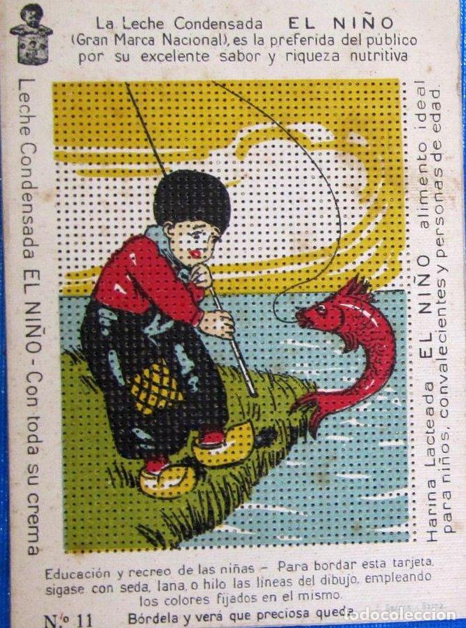 Coleccionismo cromos antiguos: CROMO/TARJETA PARA BORDAR. N&ordm; 11. NI&Ntilde;O PESCANDO. REGALO DE LECHE CONDENSADA EL NI&Ntilde;O, SIN FECHA.