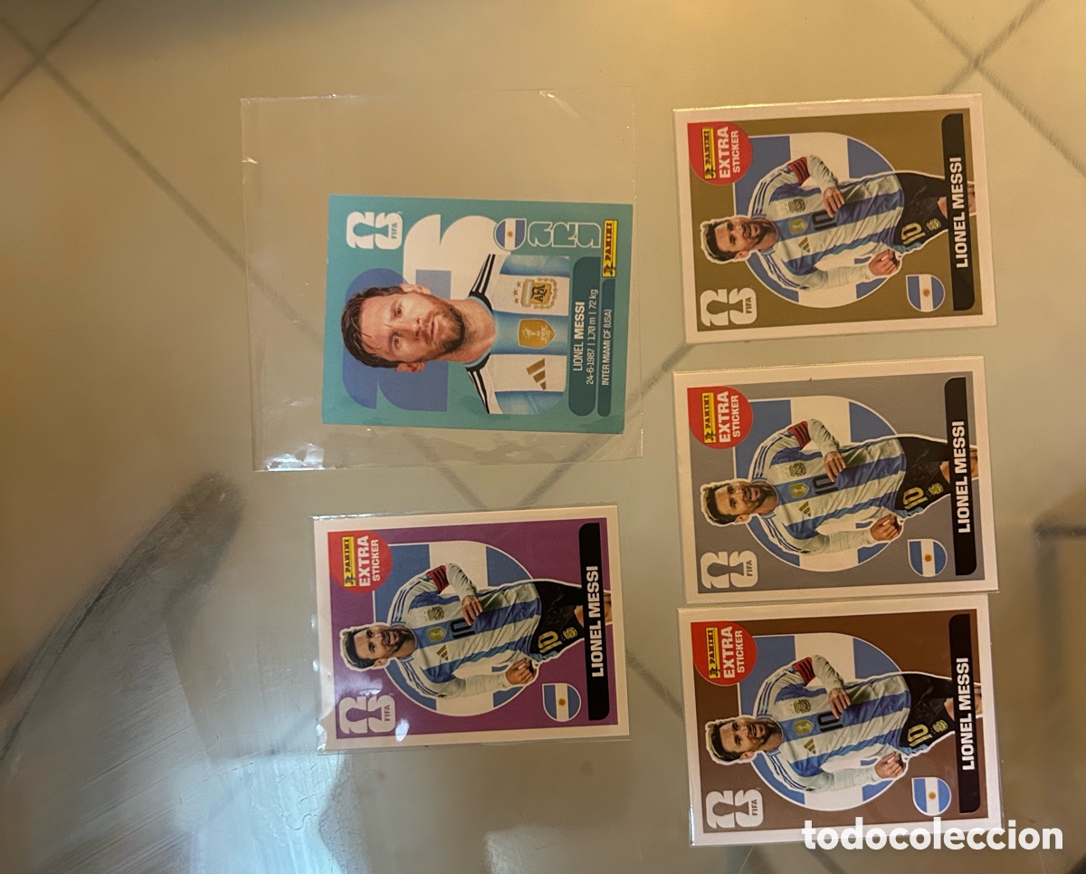 Coleccionismo cromos antiguos: colecci&oacute;n completa de Extra Stickers de Messi ( Base, Morada, Bronce, Plata y Oro)